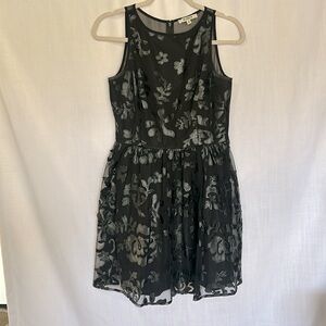 Bb Dakota tulle dress with leather floral appliqué design. Sheer back w/ zipper